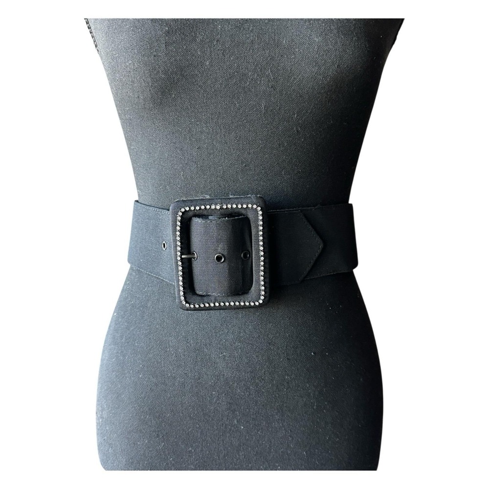 Vintage 1981 Belts By Nadim Black Fabric Wide Belt Rhinestone Buckle Size 8 - Picture 3 of 6